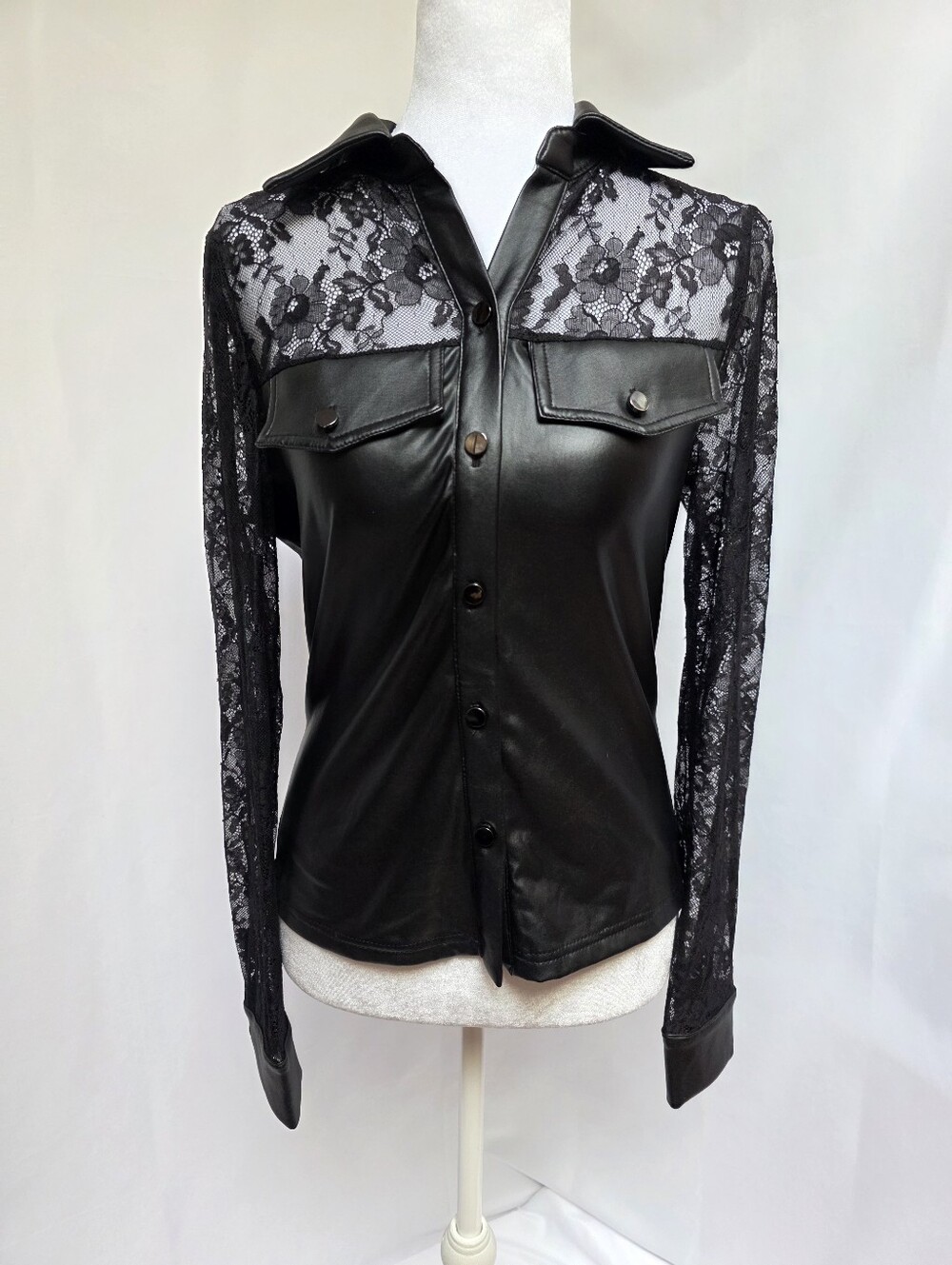 SHEIN Black Faux Leather Lace Blouse Women’s Small Button Front